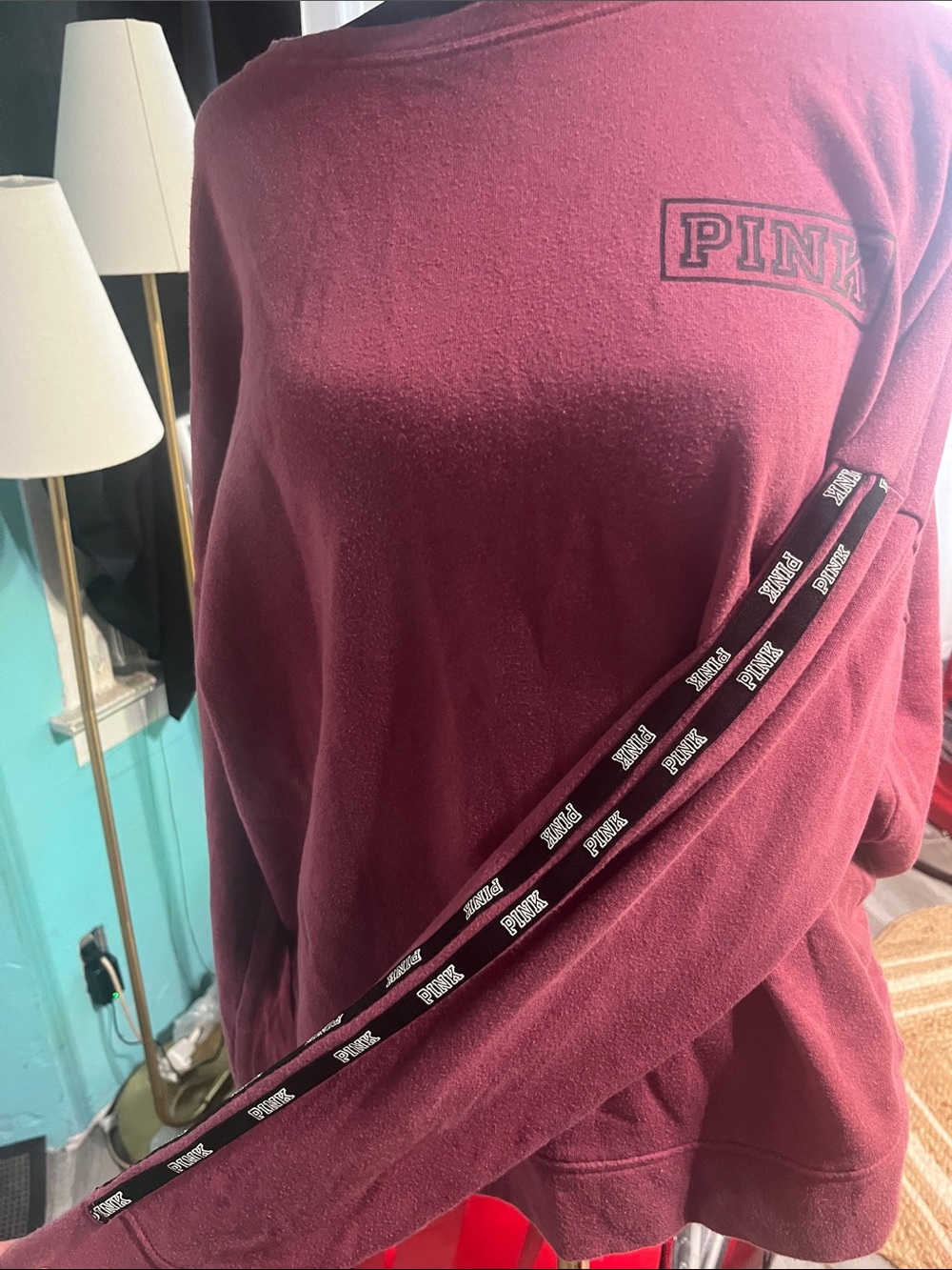 PINK Victoria's Secret Men's Maroon Crewneck with Logo Tape Detail